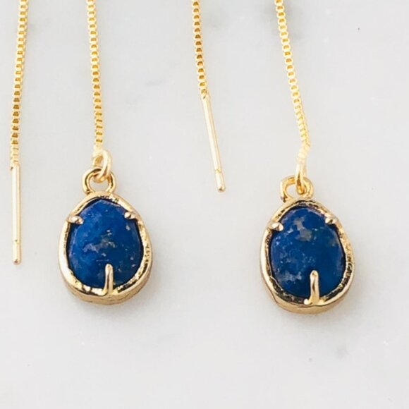 Natural Lapis Lazuli Oval Egg Shape Threader Delicate Gold Earrings - Picture 4 of 5